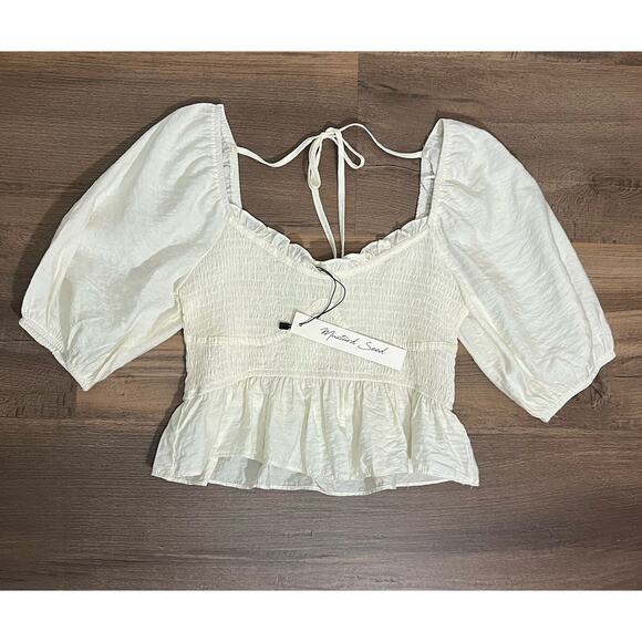 Mustard Seed Blouse Women’s Sz Small Smocked White Puff Sleeve Crop Top Tie NWT - Picture 1 of 7